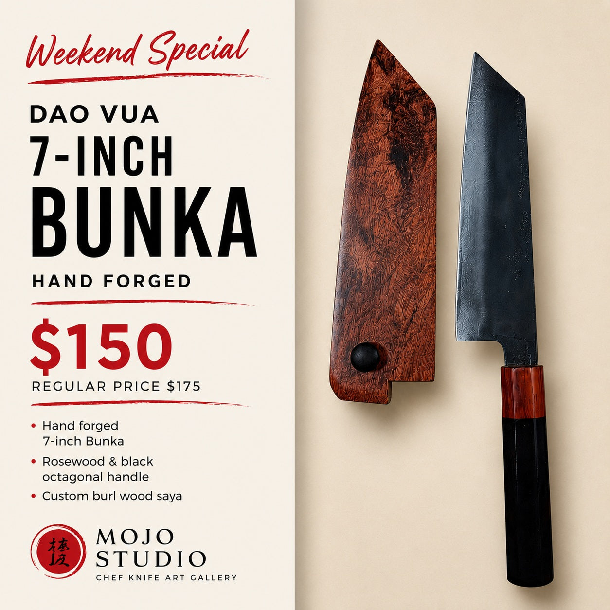 DAO VUA 7 INCH BUNKA AND HANDMADE BURLWOOD SAYA