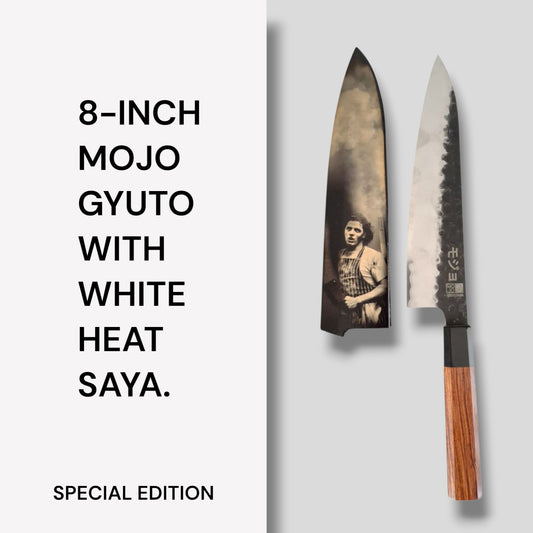 8-inch San-Mai Gyuto and Special Edition White Heat Woodburn Saya.